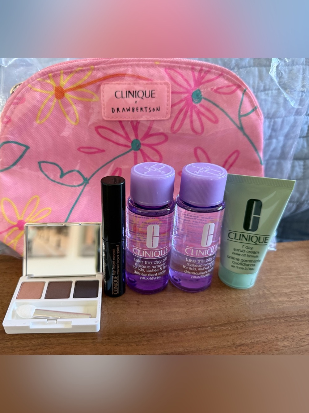 Clinique Pink Floral Cosmetic Pouch with Skincare & Eye Essentials